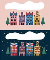 Set of houses of classical architecture of the Netherlands, Amsterdam. Vector illustration, night and day view of the city.