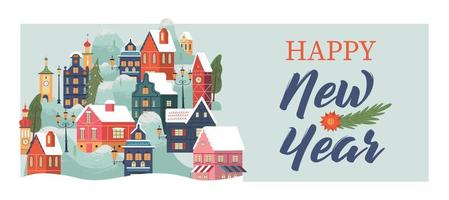 Happy new year. Snow covered town. Snowfall. Christmas card with. Vector greeting christmas card.