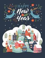 Happy New Year. A small snow covered town at night. Vector greeting card.