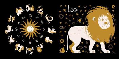 The zodiac sign Leo. Horoscope and astrology. Full horoscope in the circle. Horoscope wheel zodiac with twelve signs vector.