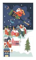 Christmas card. Santa Claus with champagne over a small snow-covered city. vector