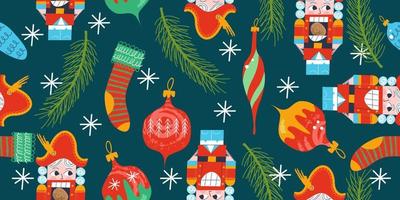 Seamless Christmas pattern. The Christmas tree is decorated with vintage toys. Vector illustration.