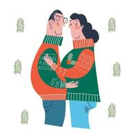 A loving couple dressed in warm knitted sweaters embracing together and smiles. Vector illustration.