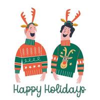 Felices fiestas. dos amigos divertidos vestidos con suéteres feos. ilustración vectorial. vector