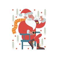 Christmas card with Santa drinking mulled wine. Vector christmas card.