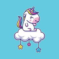 Cute Unicorn Icon Cartoon Illustration On Cloud And Stars vector