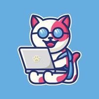 Cute cat Character Icon Cartoon Illustration With Playing laptop vector