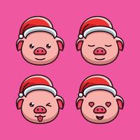 Set Cute Pig Head Character Icon Cartoon Illustration With Christmas Hat vector