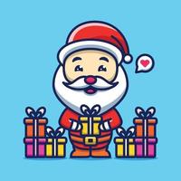 Ilustración de dibujos animados de icono de personaje de santa claus lindo con muchos regalos vector