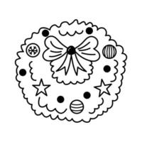 Christmas wreath with balls, stars and bow in doodle style. vector