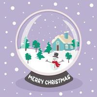 Christmas snow globe with snowman, winter house and trees. vector