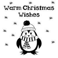 Cute penguin baby in hat and scarf. Warm Christmas Wishes lettering. vector