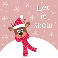 Christmas deer in a hat and scarf peeking out from behind a snowball. Let it snow text. vector