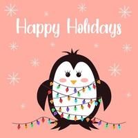 Christmas penguin with garland. vector