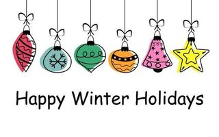 Hanging Christmas toys with bow. Happy Winter Holidays text. vector