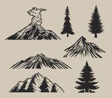 Set of vector illustrations with mountains, trees, and volcano