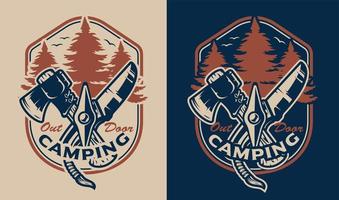 Vintage emblem with set camping things. vector