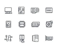 computer components icons on white, processor, motherboard, RAM, video card, HDD, SSD, fan vector