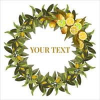 Round wreath of lemon branches. Vector wreath for lemonade labels, summer designs, summer cafes, summer menus, banner ad