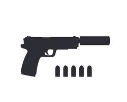 pistol silhouette, handgun with silencer isolated on white vector