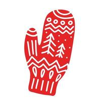 Red mitten with ornament. Christmas decoration glove. Hand drawn vector illustration