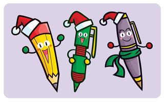 Cute dibujos animados de lápices y bolígrafos celebrando la Navidad vector