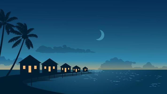 Tropical beach night landscape with bungalows