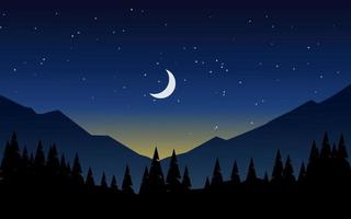 Mountain night forest landscape with moon and stars vector