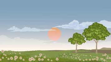 Beautiful morning in green field with flowers and trees vector