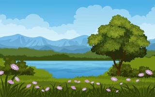Beautiful nature landscape with mountain, lake, tree and meadow vector