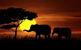 La fauna africana en la puesta de sol con silueta de elefantes