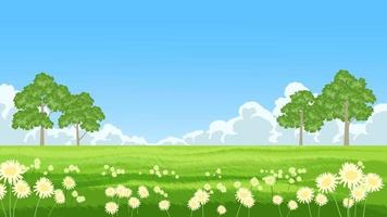 Meadow, flowers, and trees at sunny day with clouds vector