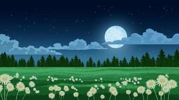 paisaje de pradera en la noche con luna llena, nubes, árboles y flores vector