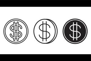 Coin icon set. Set of black and white coins isolated on white background. Dollar coin icons flat and outline. vector