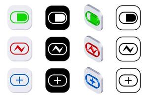 conjunto de iconos de batería. isométrico, renderizado 3d batería de acumulador recargable. Iconos de batería vacíos y completamente cargados aislados sobre fondo blanco. vector
