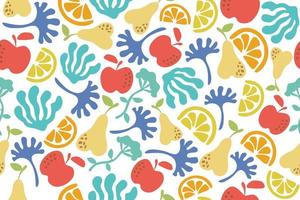 Fruits and branches seamless pattern. Lemons, oranges, apples, pears and colorful branches repeating pattern. vector