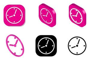 Clock icon illustration. Isometric, 3D rendering and flat illustrations, black, white and pink colors isolated on white background. vector