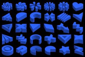 Isometric Memphis collection. Set of simple geometric design elements. 3D rendering, blue Memphis shapes, isometry objects and figures. vector