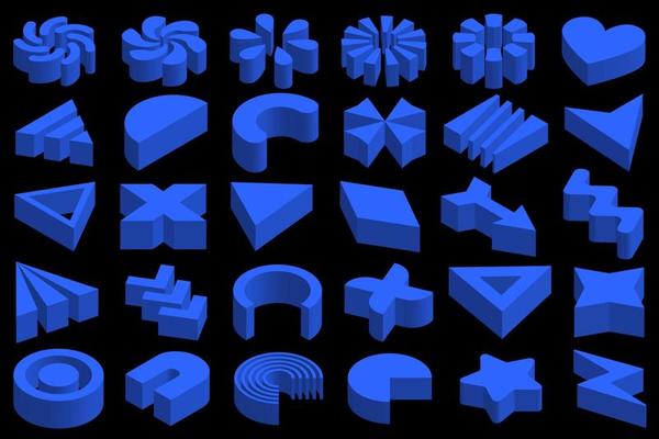 Isometric Memphis collection. Set of simple geometric design elements. 3D rendering, blue Memphis shapes, isometry objects and figures.