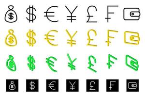 Set of money symbols. Group of isometric, 3D rendering and flat design elements, currency icons in black, white, green and yellow colors. vector