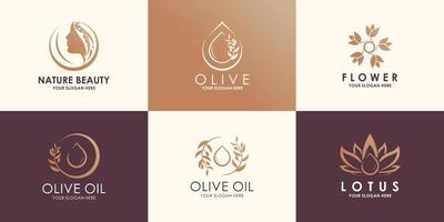 set of creative beauty natural, woman,olive oil, flower and leaves. Combination logo vector