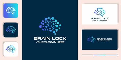 brain lock combination logo with dot molecule and business card design vector