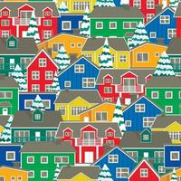 Norwegian colorful houses set hand drawn seamless vector pattern. Country houses wrap, rustic style design. Background of the northern city with snow-covered Christmas trees.