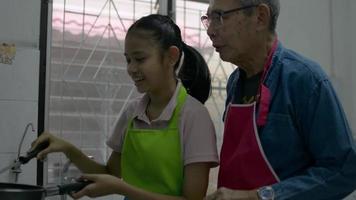 Happy senior grandfather in apron teaching his young granddaughter cooking food in a pan in the kitchen. video