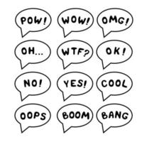 Vector illustration. Comic sound set isolated. Pow, wow, omg, oh, wtf, ok, no, yes, cool, oops, boom, bang lettering.