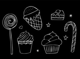 Candy bar doodle set. Isolated elements on black background. Vector illustration.