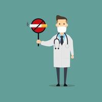 A cartoon of a male doctor holding no smoking board vector