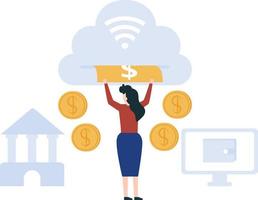 A girl with cash doing online banking. vector
