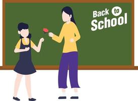 A student give flower to her teacher on going back to school. vector