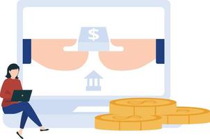 A girl sitting with a laptop and working on it near some dollar coins. vector